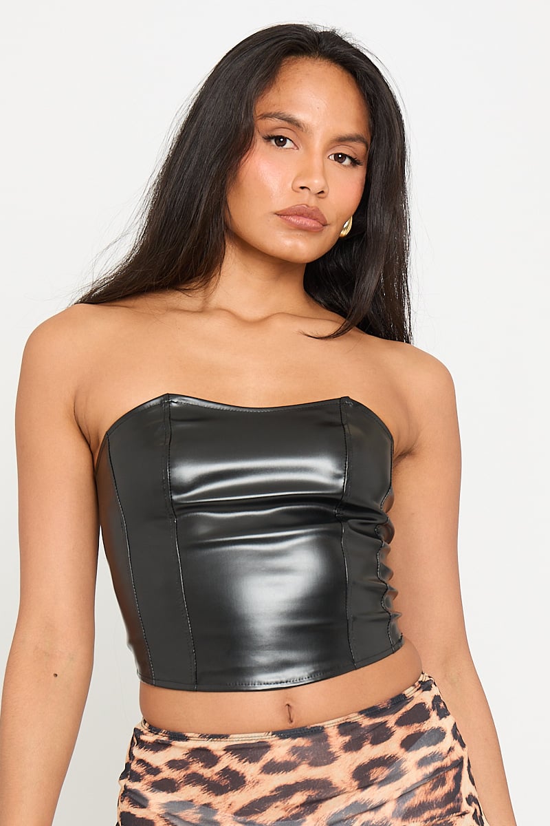 Black Faux Leather Bustier Corset Crop Top Black Faux Leather Bustier Corset Crop Top