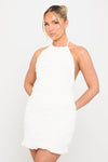 White Ruched Halter Neck Open Back Mini Dress