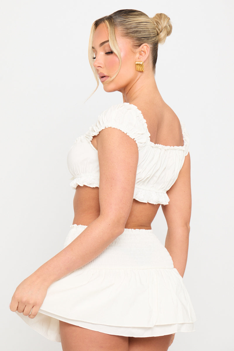White Ruched Bow Detail Crop Top & Mini Skirt Co-Ord