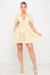Yellow Floral Print Pleated Cotton Milkmaid Mini Dress