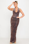 Leopard Print Cowl Neck Open Back Maxi Dress