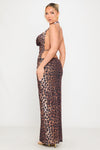 Leopard Print Cowl Neck Open Back Maxi Dress