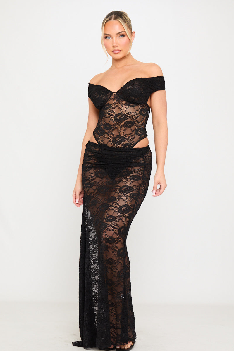 Black Lace Off Shoulder Bodysuit & Maxi Skirt Co-Ord