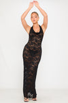 Black Sheer Lace Cowl Neck Backless Maxi Dress