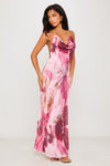 Pink Beaded Floral Print Backless Chiffon Maxi Dress