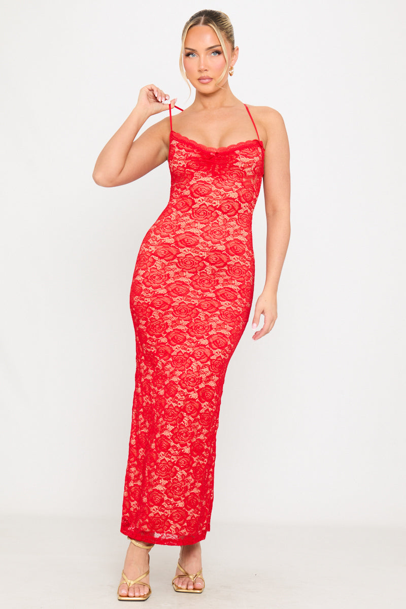 Red Lace Strappy Sweetheart Bodycon Maxi Dress Red Lace Strappy Sweetheart Bodycon Maxi Dress