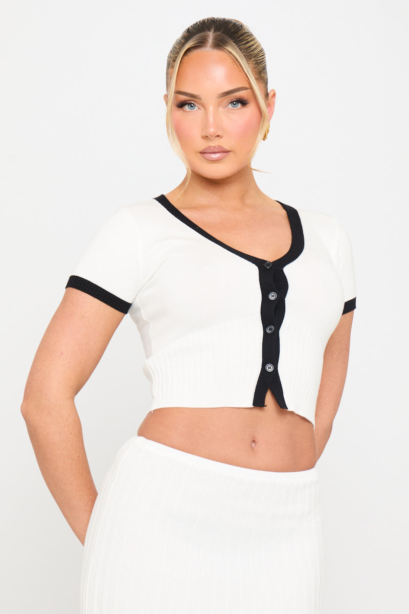 White Contrast Rib Knit Top & Midi Skirt Co-Ord