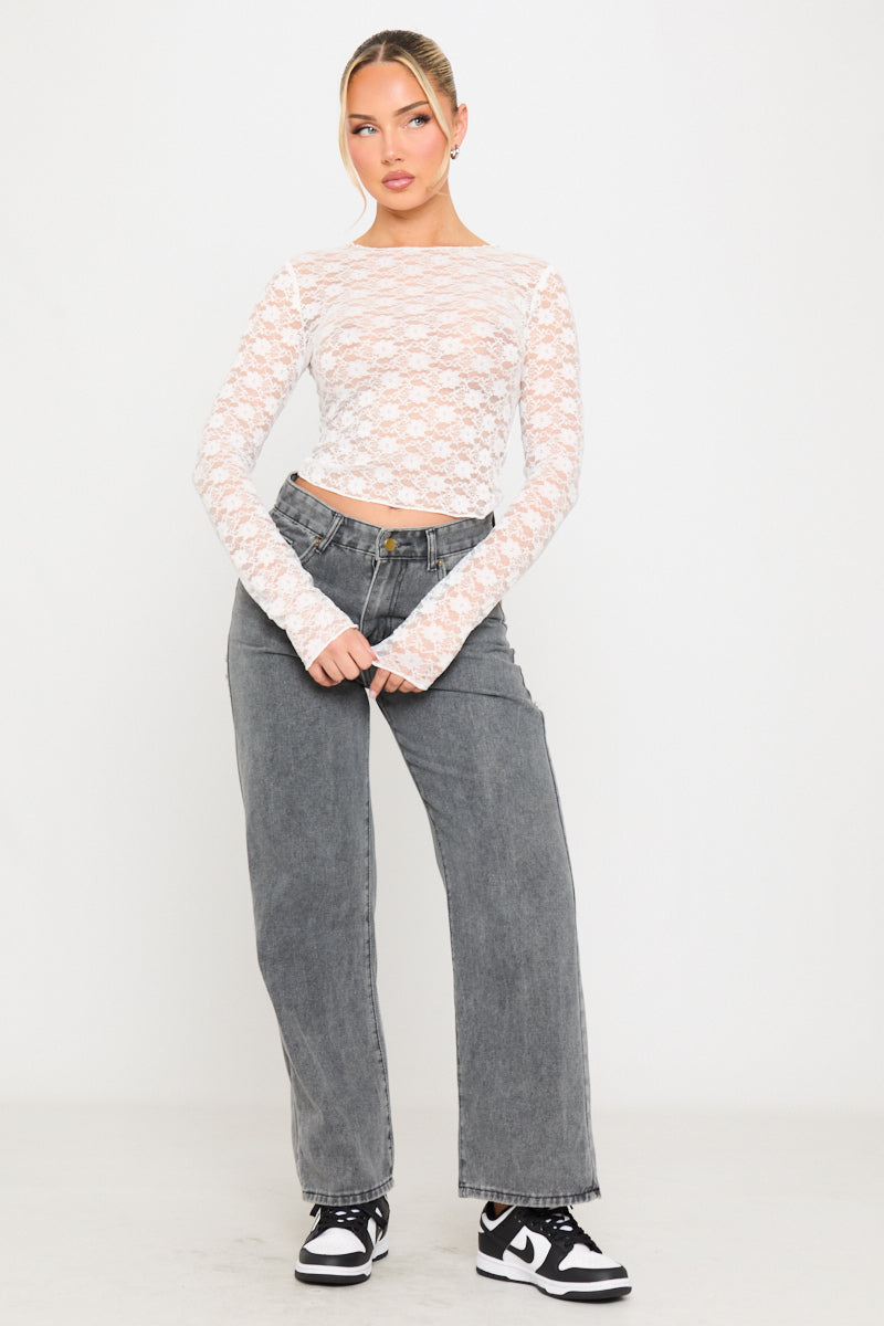 White Sheer Floral Lace Long Sleeve Top