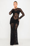 Black Sheer Lace Draped Long Sleeve Maxi Dress
