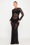 Black Sheer Lace Draped Long Sleeve Maxi Dress