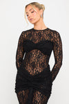 Black Sheer Lace Draped Long Sleeve Maxi Dress