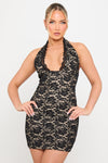Black Lace Halter Neck Plunge Mini Dress