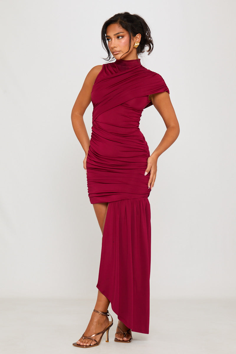 Burgundy High Neck Ruched Draped Mini Dress