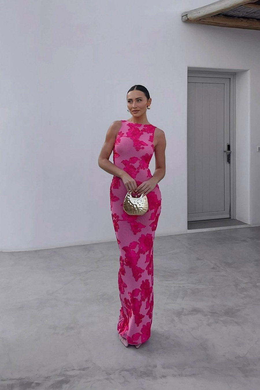 Pink Floral Embroidered Sleeveless Maxi Dress