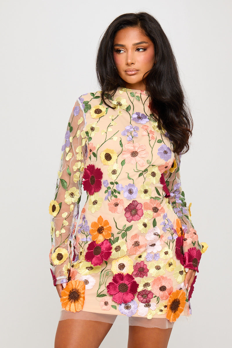 Nude Floral Embroidered Open Back Mini Dress