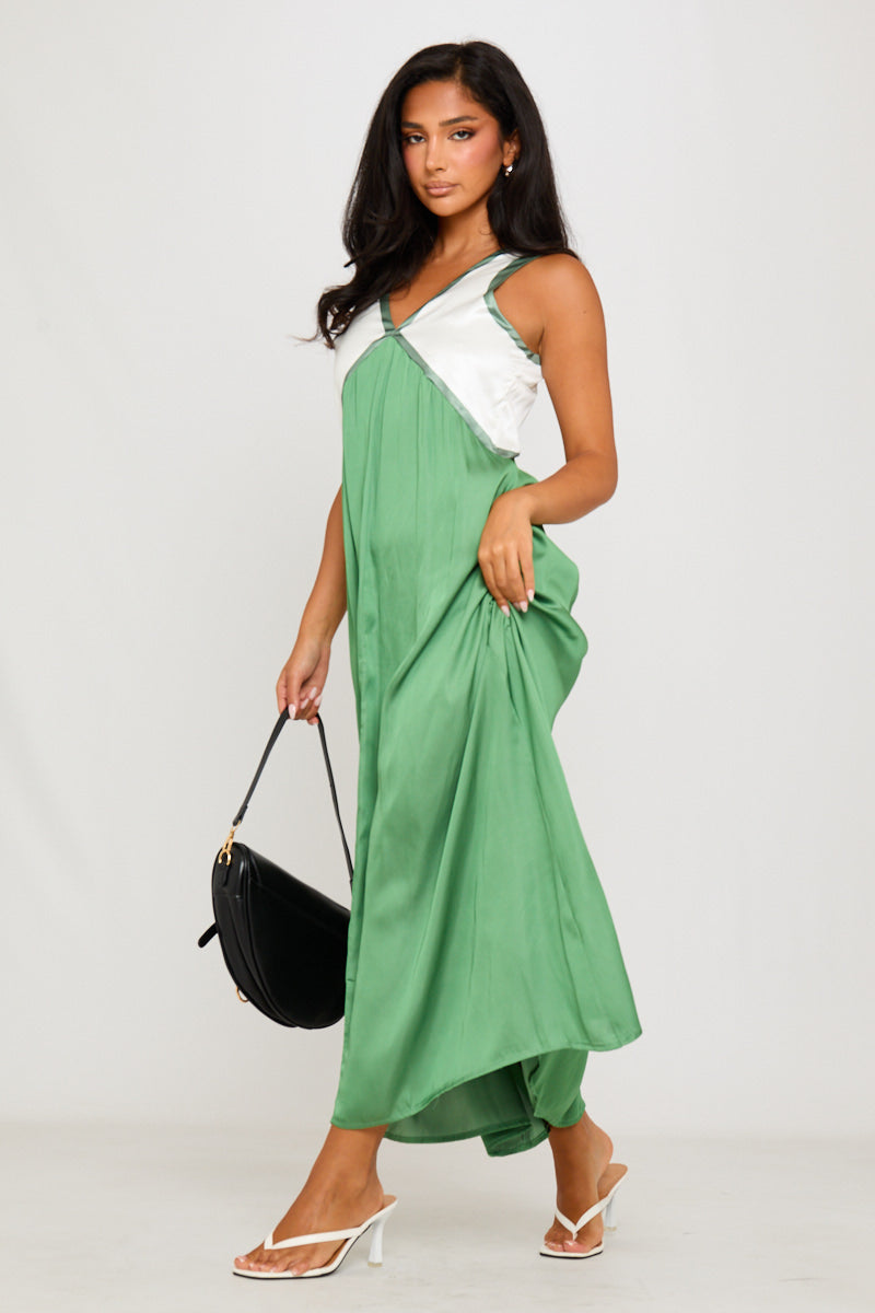 Green Satin Contrast V-Neck Sleeveless Maxi Dress Green Satin Contrast V-Neck Sleeveless Maxi Dress