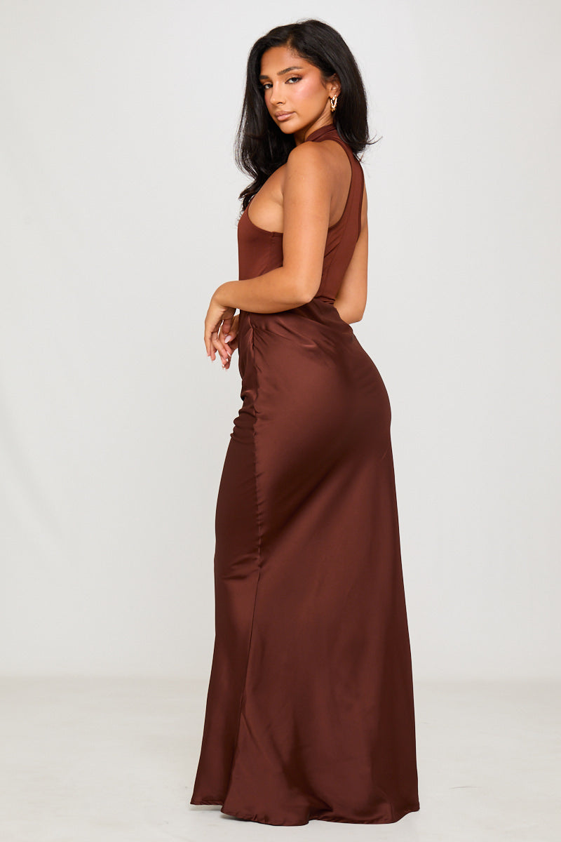 Brown Mock Neck Draped Asymmetric Maxi Dress