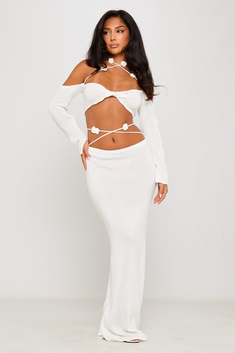 White Knit Twist Detail Halter Top & Maxi Skirt Co-Ord