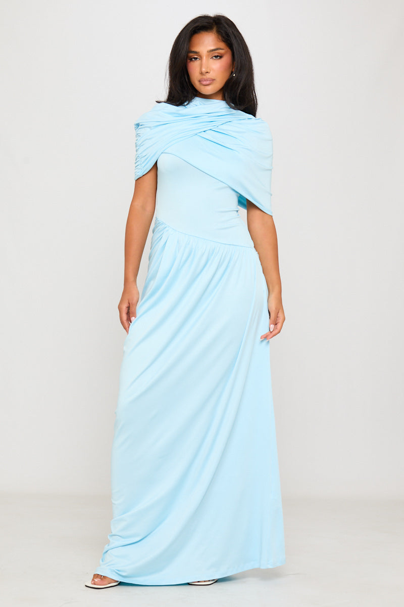 Baby Blue Draped Asymmetric Pleated Maxi Dress | Nothingbutstyle Baby Blue Draped Asymmetric Pleated Maxi Dress | Nothingbutstyle