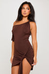 Brown One Shoulder Asymmetric Draped Mini Dress