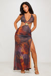 Brown Printed Flower Trim Backless Maxi Dress