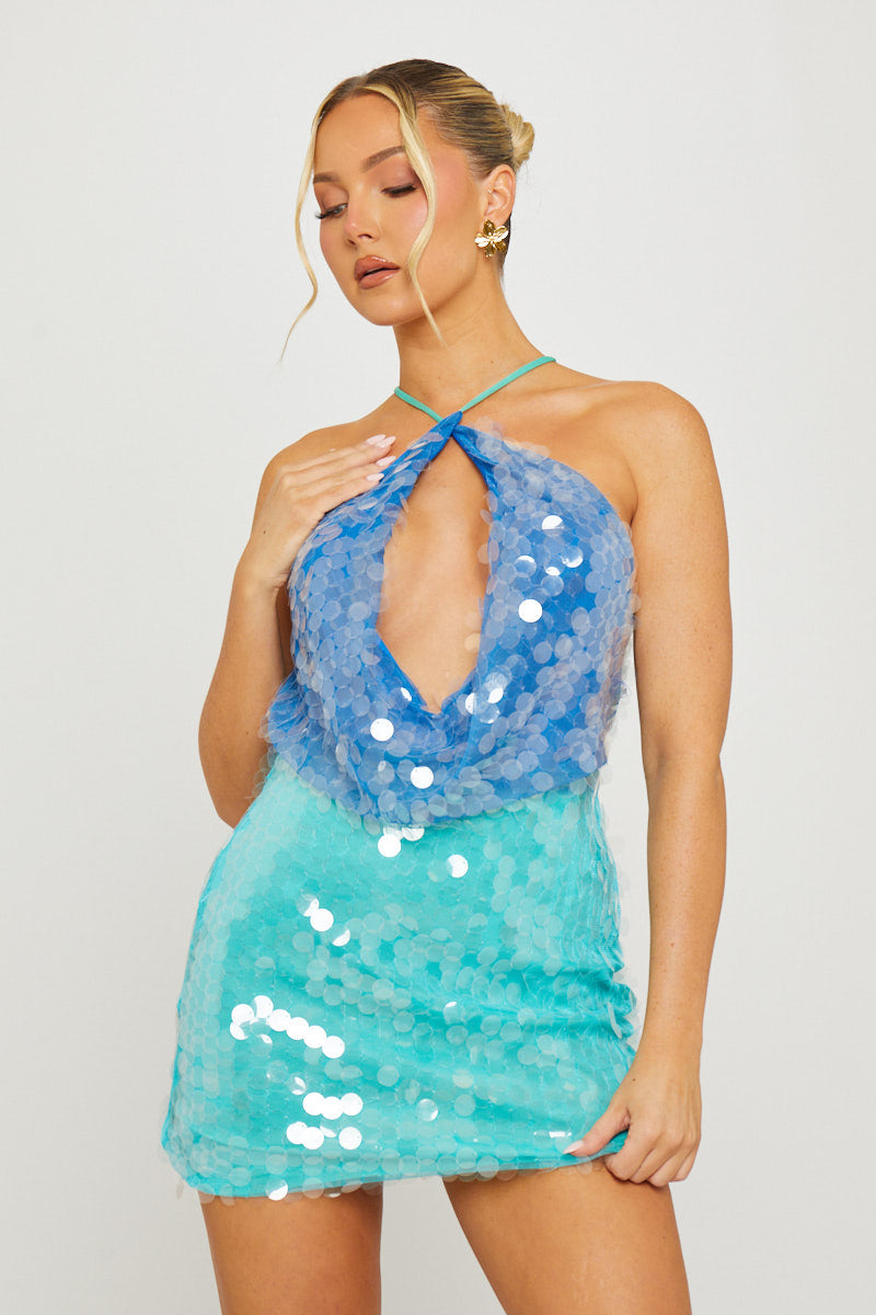 Blue & Green Ombre Sequin Halter Mini Dress Blue & Green Ombre Sequin Halter Mini Dress