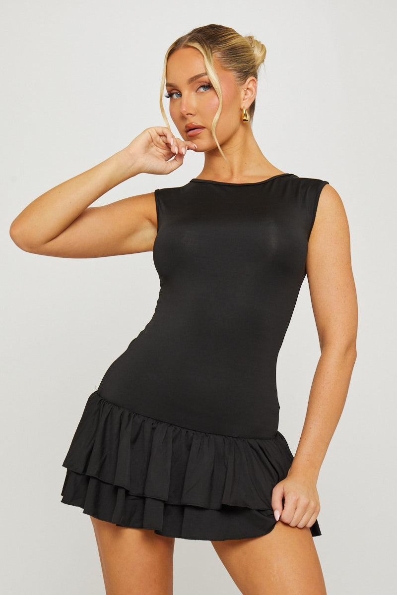 Black Sleeveless Drop Waist Ruffle Hem Mini Dress | Nothingbutstyle Black Sleeveless Drop Waist Ruffle Hem Mini Dress | Nothingbutstyle