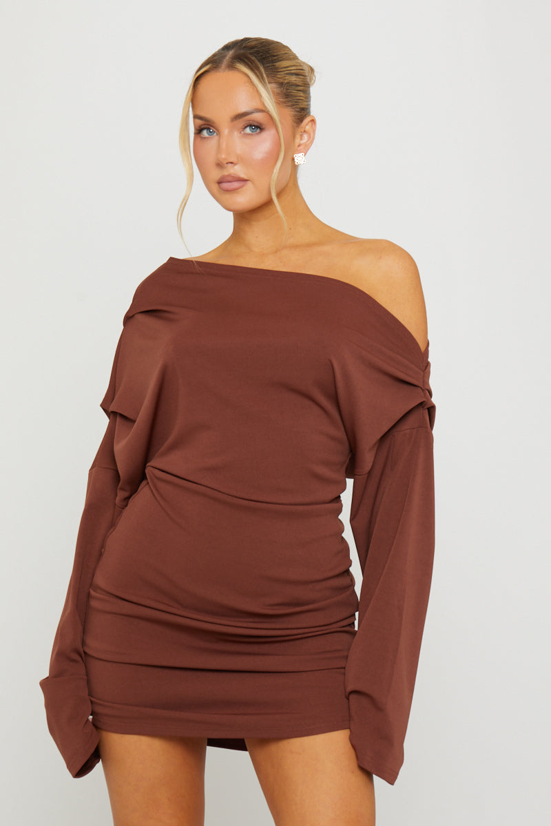 one shoulder brown mini dress One Shoulder Tie Side Detail Asymmetric Mini Dress In Brown | EGO US
