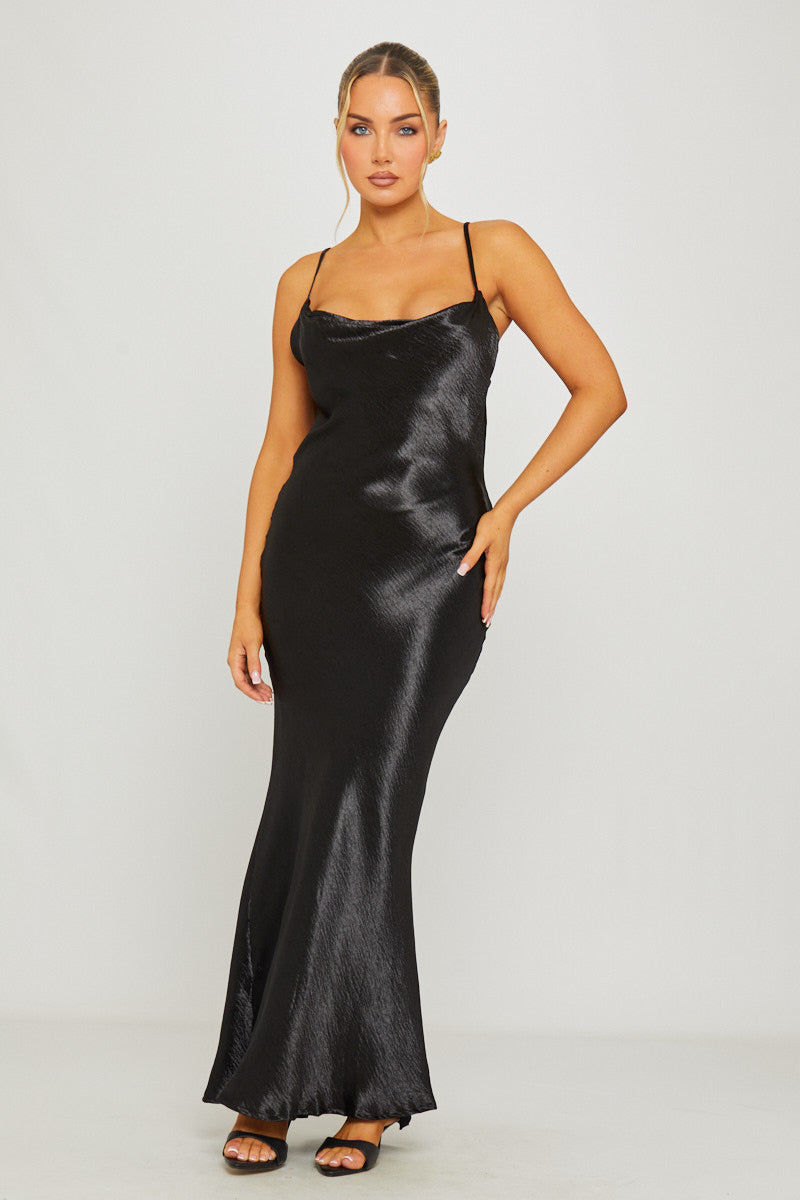 Black Satin Cowl Neck Slip Maxi Dress | Nothingbutstyle Black Satin Cowl Neck Slip Maxi Dress | Nothingbutstyle