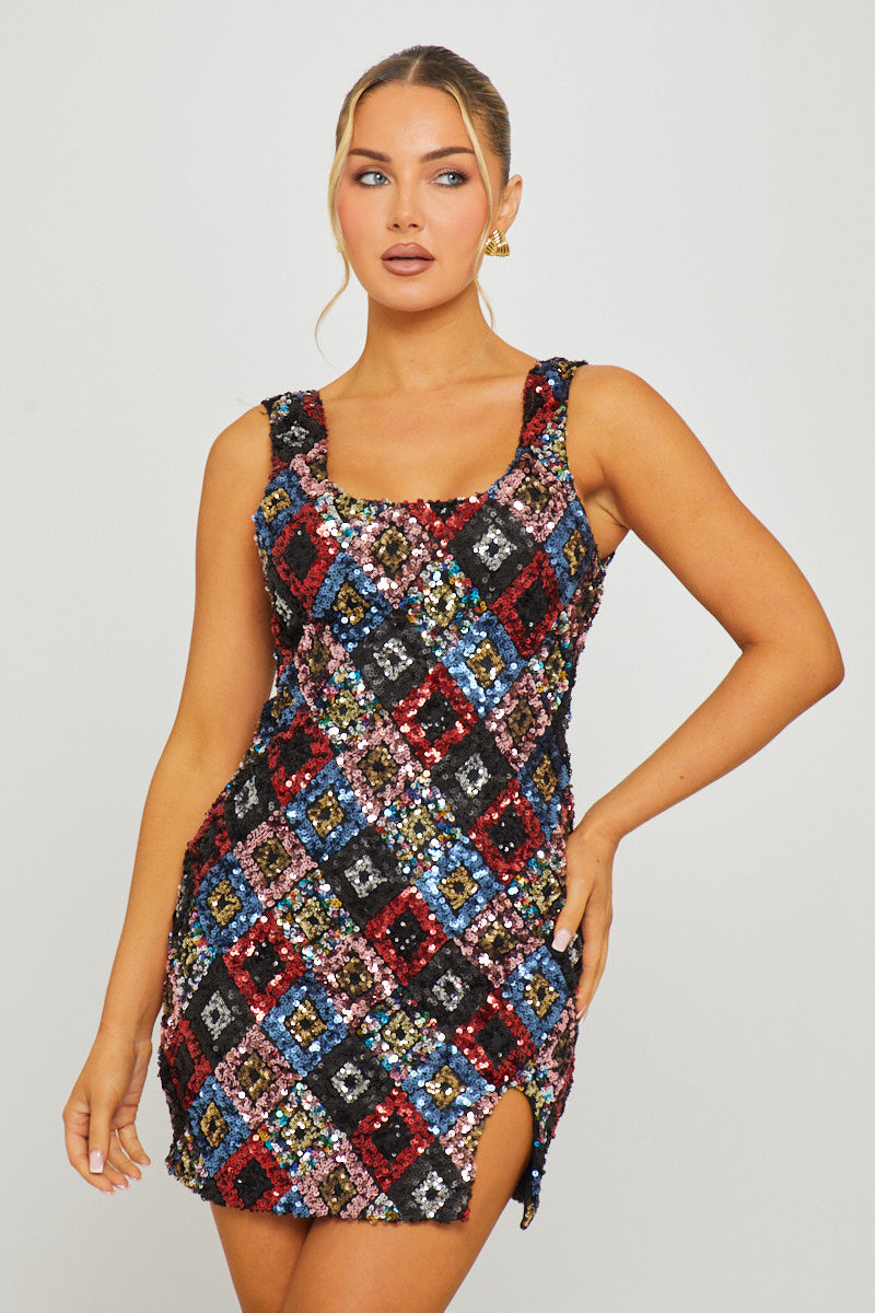 Black Sequin Diamond Detail Square Neck Mini Dress Black Sequin Diamond Detail Square Neck Mini Dress