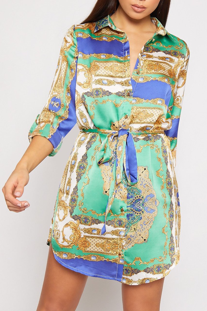 Green Paisley Print Satin Belted Shirt Dress | Nothingbutstyle Green Paisley Print Satin Belted Shirt Dress | Nothingbutstyle