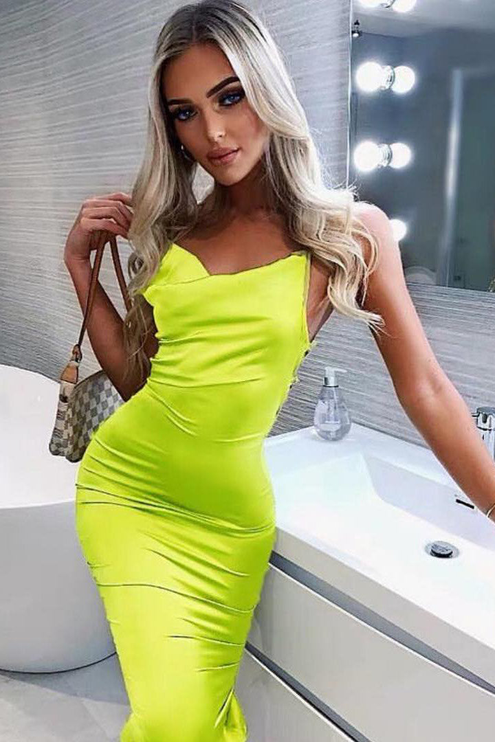 Neon Green Satin Cowl Neck Bodycon Midi Dress Neon Green Satin Cowl Neck Bodycon Midi Dress