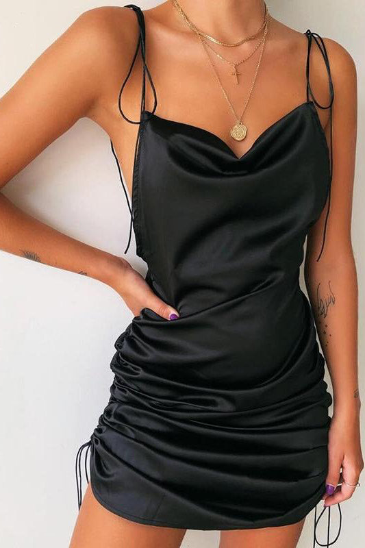 Black Satin Cowl Ruched Slip Mini Dress Black Satin Cowl Ruched Slip Mini Dress