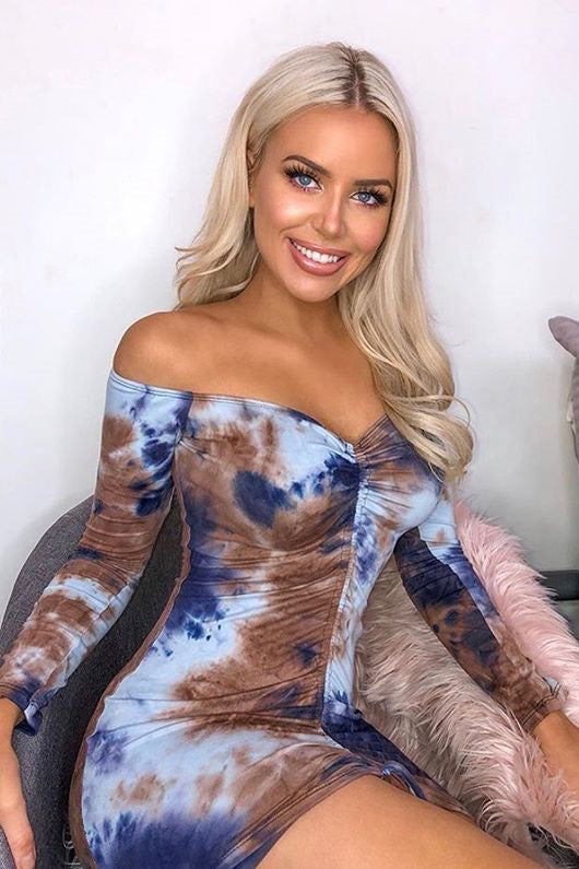 Blue Tie Dye Off Shoulder Ruched Dress | Nothingbutstyle Blue Tie Dye Off Shoulder Ruched Dress | Nothingbutstyle