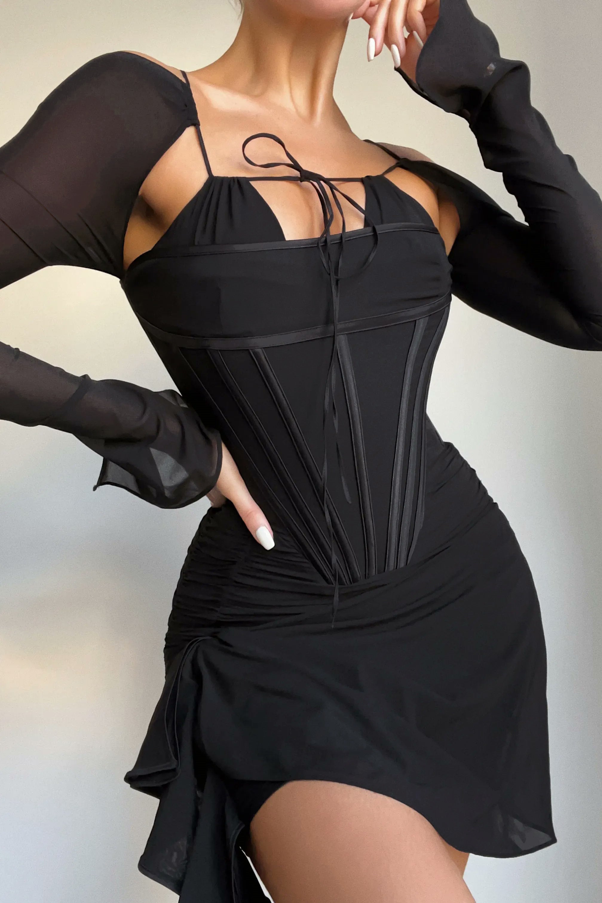 Black Mesh Corset Detail Ruched Mini Dress | Nothingbutstyle Black Mesh Corset Detail Ruched Mini Dress | Nothingbutstyle