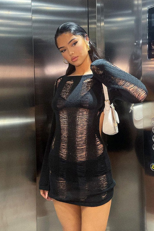 Black Shredded Backless Long Sleeve Knit Mini Dress | Nothingbutstyle Black Shredded Backless Long Sleeve Knit Mini Dress | Nothingbutstyle