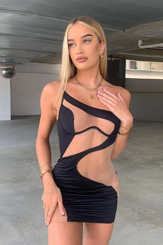 Black One Shoulder Mesh Cut Out Mini Dress | Nothingbutstyle Black One Shoulder Mesh Cut Out Mini Dress | Nothingbutstyle