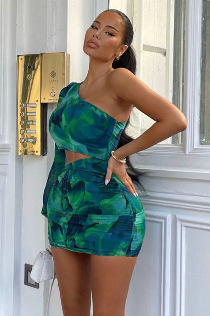 Green Printed One Shoulder Cut Out Mini Dress | Nothingbutstyle Green Printed One Shoulder Cut Out Mini Dress | Nothingbutstyle
