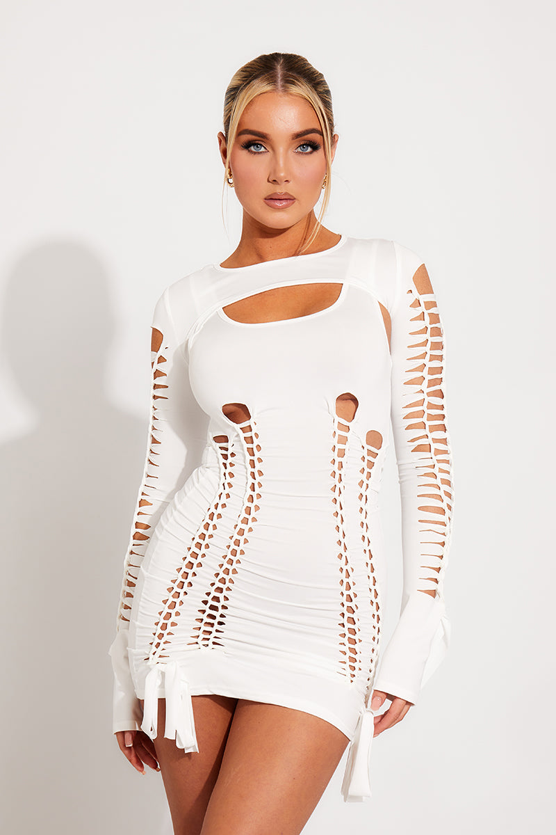 white long sleeve cut out mini dress Shaken Not Stirred Cut-Out Waist Long Sleeve Pleat Mini Dress Champagne
