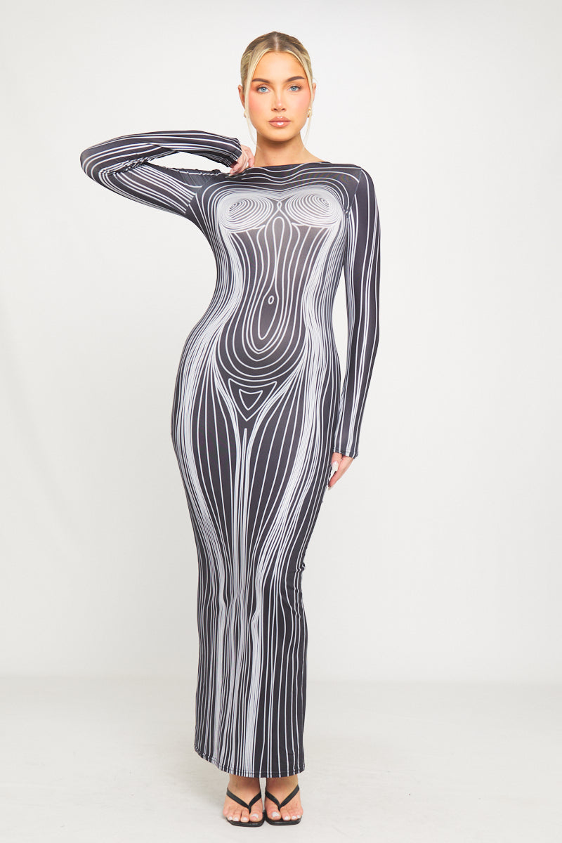 White Body Map Print Open Back Bodycon Maxi Dress | Nothingbutstyle White Body Map Print Open Back Bodycon Maxi Dress | Nothingbutstyle