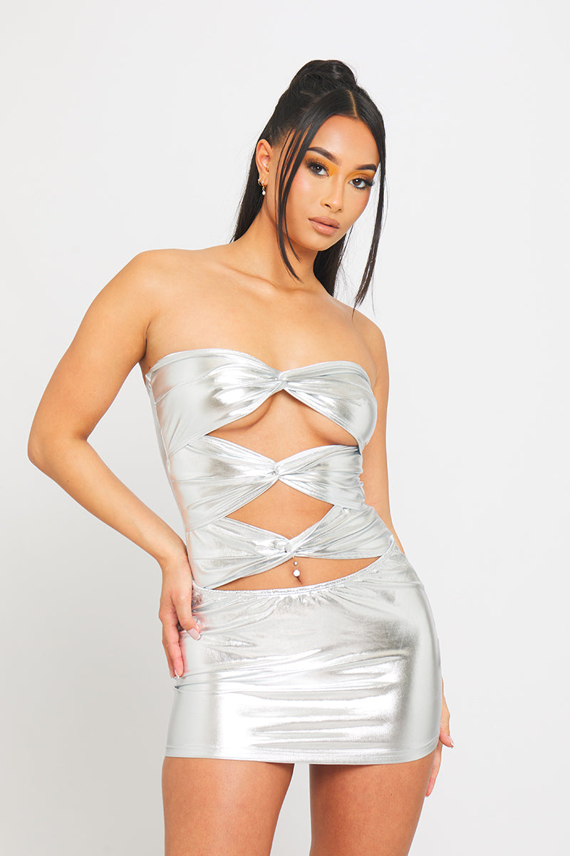 Silver Metallic Ruched Cut Out Detail Bandeau Mini Dress Silver Metallic Ruched Cut Out Detail Bandeau Mini Dress