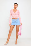 Pink Sheer Lace Plunge Flared Sleeve Crop Top