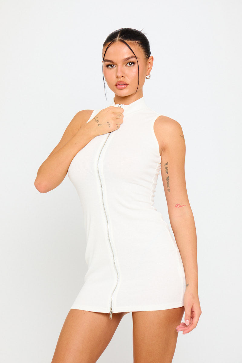 White Zip Front Sleeveless High Neck Mini Dress White Zip Front Sleeveless High Neck Mini Dress