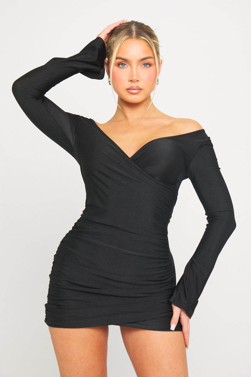 Black Plunge Ruched Long Sleeve Wrap Mini Dress | Nothingbutstyle Black Plunge Ruched Long Sleeve Wrap Mini Dress | Nothingbutstyle