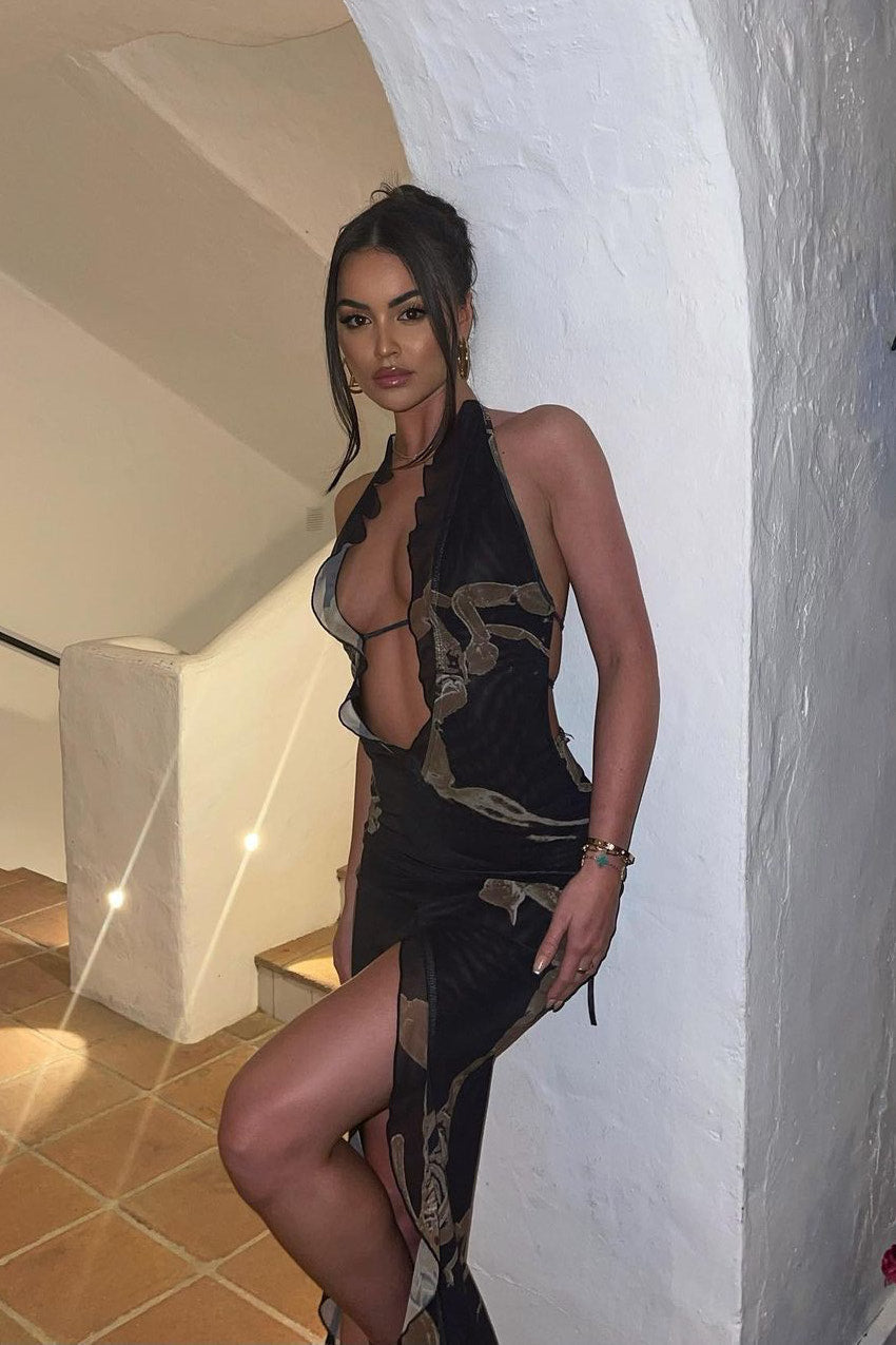 deep v ruffle detail maxi dress in scorpion Deep V Ruffle Detail Maxi Dress in Scorpion from Murci