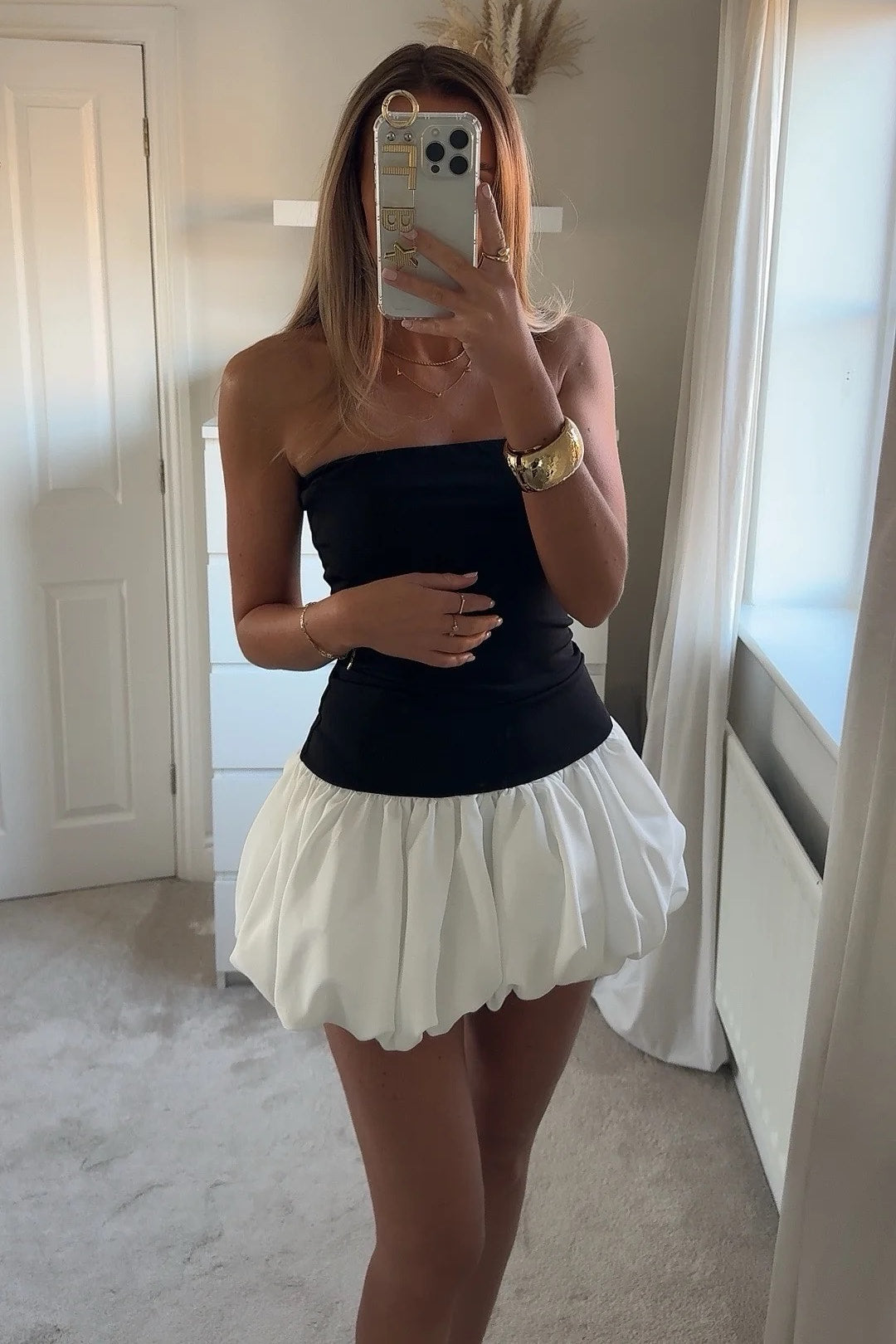 Black Contrast Strapless Bustier Pleated Mini Dress Black Contrast Strapless Bustier Pleated Mini Dress