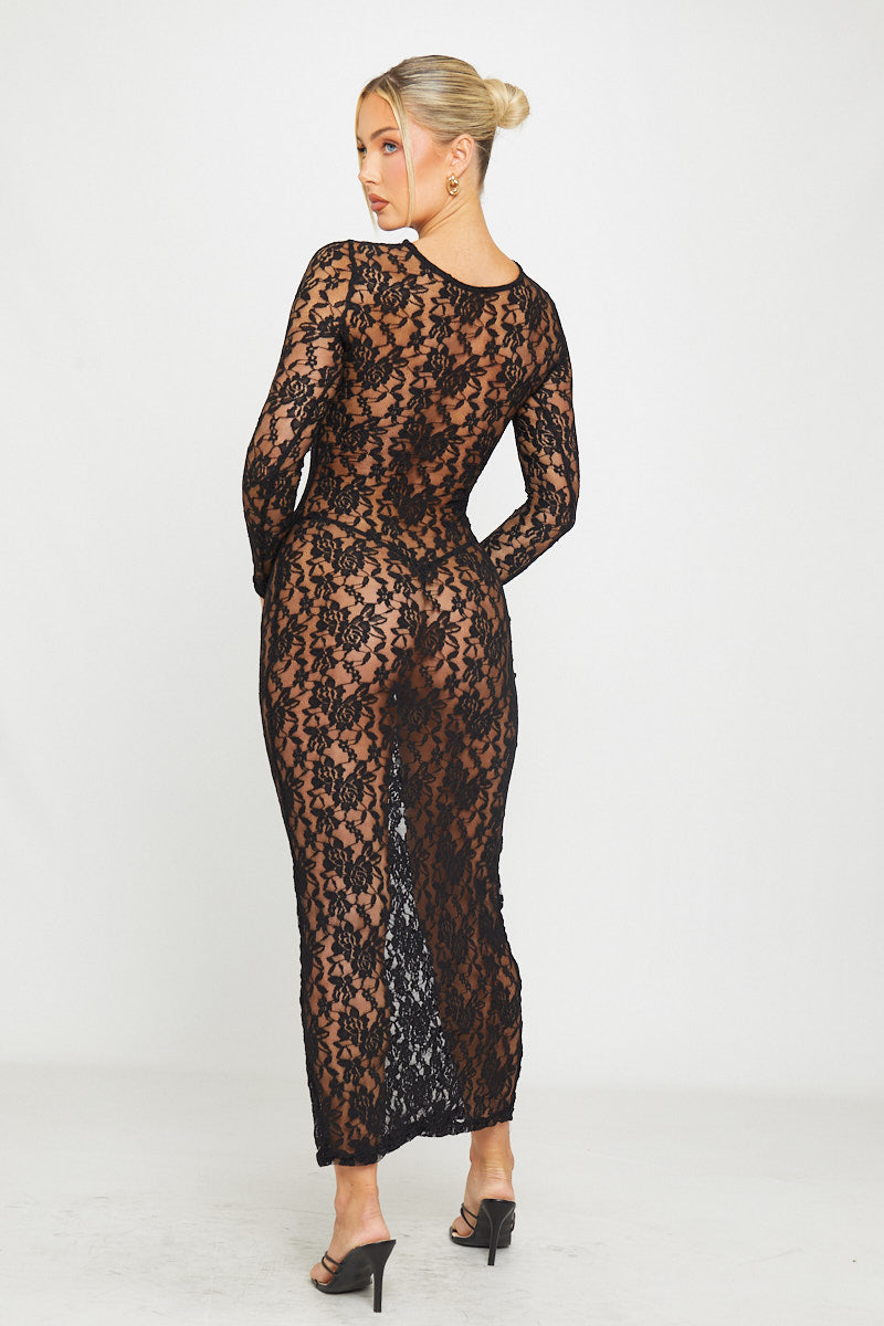 Black Sheer Lace Long Sleeve Bodycon Maxi Dress
