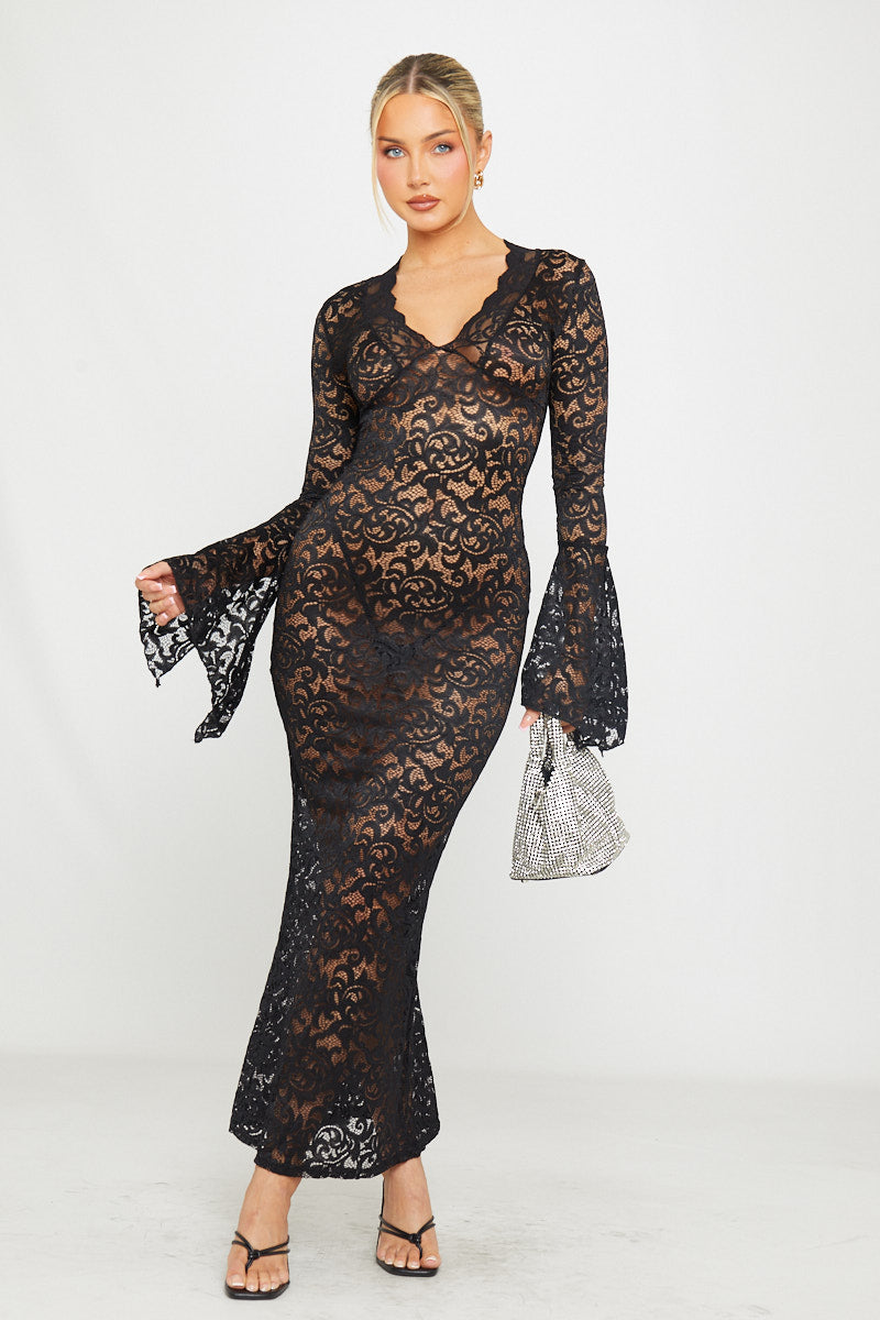 Black Sheer Lace Plunge Flared Sleeve Maxi Dress | Nothingbutstyle Black Sheer Lace Plunge Flared Sleeve Maxi Dress | Nothingbutstyle