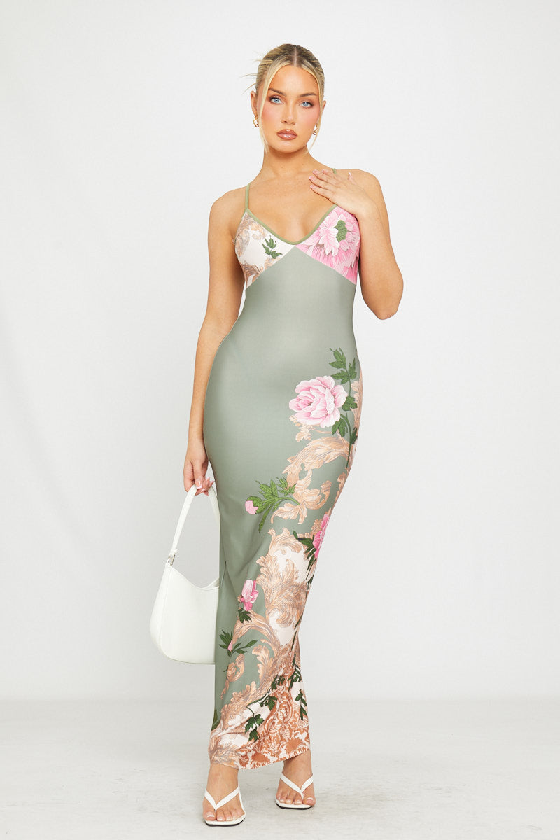Green Floral Print Strappy Plunge Maxi Dress | Nothingbutstyle Green Floral Print Strappy Plunge Maxi Dress | Nothingbutstyle