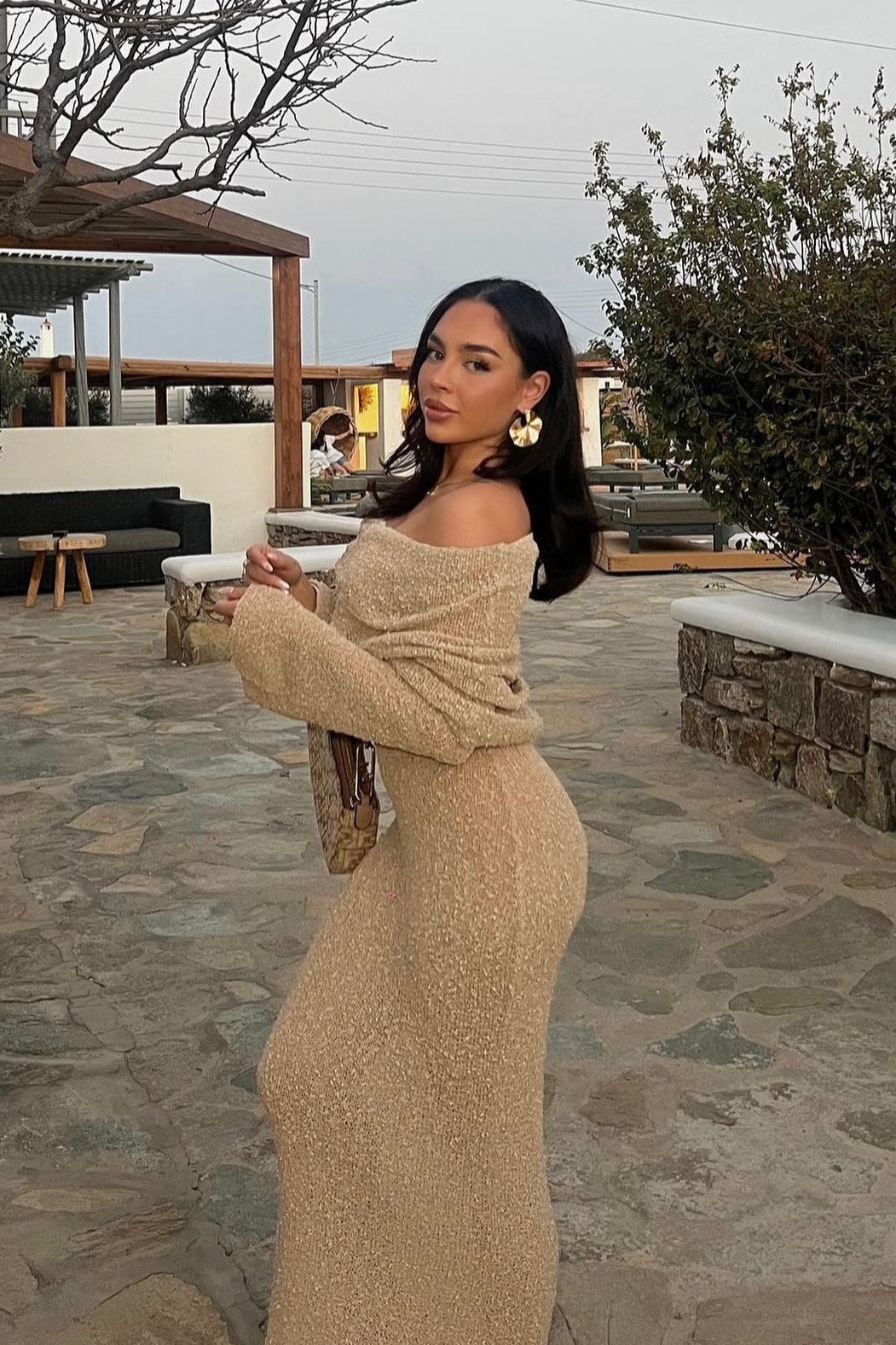 Wheat Knit Off Shoulder Boucle Maxi Dress